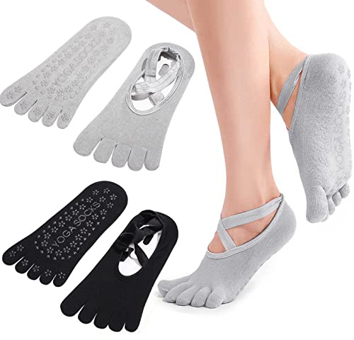 ZOCONE 2 Pairs Yoga Socks for Women Non Slip with Toes 5 Toe Yoga Socks Pilates Socks Women Cotton Dance Barre Gym Socks with Grips & Straps, Ideal for Pilates Trampoline Gym Accessories