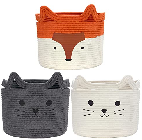 Goodheim Kinder Aufbewahrungskorb 3er-Set für Kallax Regal, Spielzeugkorb, Kinderzimmer, Aufbewahrung Kinderspielzeug Korb 30x30, Wäschekorb Kinder Katze Fuchs Weiß Grau
