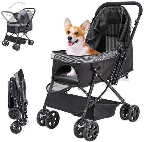 LPOTIUS Lightweight Dog Stroller with Reversible Handle for Medium Small Dogs and Cats, Foldable Pet Stroller Travel Carriage with Large Storage Basket, 4 Wheels, Black