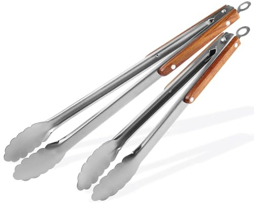 Grillzange Edelstahl, 2er Set Grillzange,Lang Metall Küchenzange Hitzebeständiger Griff Smart Locking Clip,Profi Zange Pinzette für Kochen Grillen und Backen