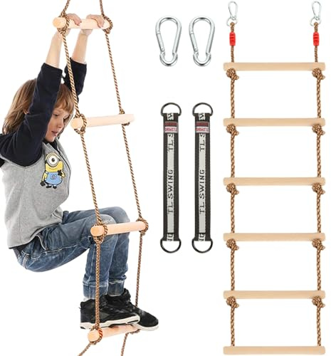 MUXHEL 1 Pcs 6.5 Ft Climbing Rope Ladder for Kids, Wooden Rope Hanging Ladder, Rope Ladder for Treehouse Outdoor and Indoor Swing Set Accessories