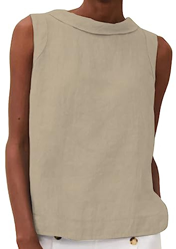 Women's Cotton Linen Tank Tops High Neck Casual Cami Sleeveless Camisole Blouses Summer Basic Shirt Solid Color Crop Tops