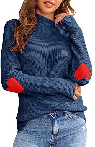 Saodimallsu Maglione da donna a forma di cuore, casual, a collo alto, per autunno e inverno, a maglia grossa, Blu scuro, L