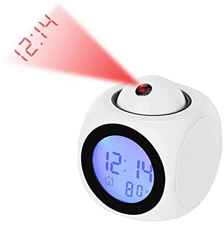 with Voice Talking LED Time Temperature for Bedroom，Projection Alarm Clock for Bedrooms Digital Voice Report Alarm Clock 12/24 HDigital Electric Clocks Projection On Ceiling, Bedside, Office (White)