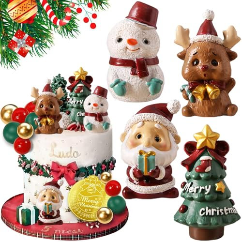 YGCHEN Décoration de Gâteau de Noël Figurine Père Noël Sapin de Noël Bonhomme de Neige Renne Decoration Gateau Mini Figurines de Noël Décorations de Gâteaux Décoration de Fête de Noël 4 Pièces