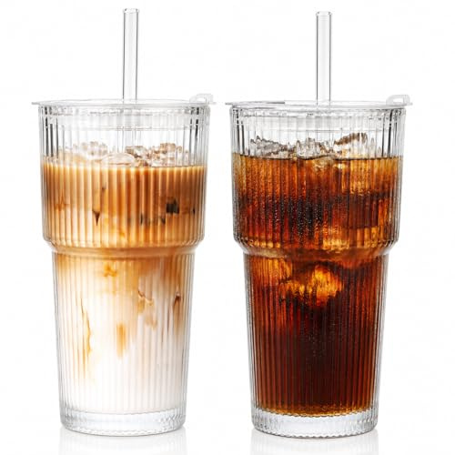 ALINK 2 x 600 ml Gerippte Glasbecher mit Deckel und Strohhalm, Eiskaffee
