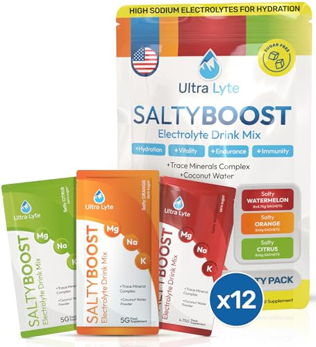 Ultra Lyte Electrolytes Drink Mix - Sugar-Free Variety Pack Powder - 12 Sachets with High Sodium, Trace Minerals, and Coconut Water - Hydration for Sports, Fitness, and Recovery