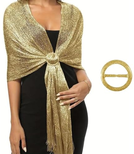SDXCJY Foulards et écharpes métalliques dorés étincelants avec boucle pour femme - Idéal pour mariage, robe de soirée, demoiselle d'honneur, design élégant à pompons, golden/e, taille unique