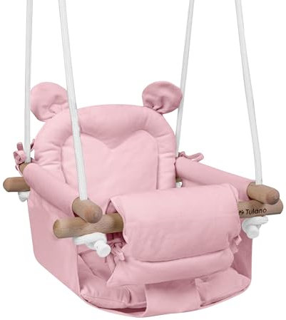 Tulano Hop 30 Rosa | Baby Schaukel Hängesitz für Kinder 6-36 Monate | Indoor & Outdoor | Sicherheitsgurt & Kissen | Holz & Baumwolle | Einfache Montage | Belastbar bis 60 kg