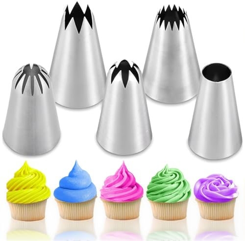 Set di 5 Beccucci per Sac a Poche Grandi Professionali, Beccucci Grandi, Decorazione Torte Set, Bocchette Decorative Accessori per Cupcakes, Pasta di Zucchero, Pasticceria, Acciaio