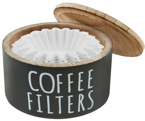 Kaffefilterhållare, förvaring för kaffefilter, filterpåse i trä med lock och 50 kaffefilter, vattentät, förvaring, för kök, kaféer, barer (svart)