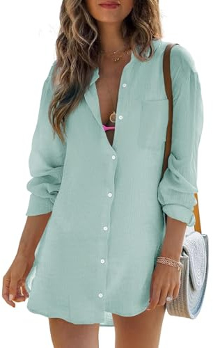 Cicy Bell Chemisier à Manches Longues pour Femme - Blouse d'été en Mousseline - Hauts en Coton - Décontracté - Chemisier à Boutons - Tunique Lâche - Robe de Plage - Couvre-Maillot de Bain, Menthe, S