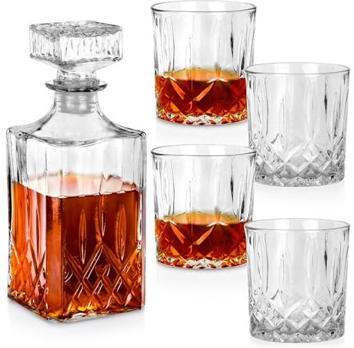 Caraffa da whisky in vetro per whisky, cognac brandy, 4 bicchieri da 4 x 300 ml, 5 pezzi