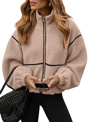 Dokotoo Faux Fleece Jacket For Womens Fashion 2025 Casual Fuzzy Warm Fleece Sherpa Jackets Long Sleeve Fall Outifits Open Front Zipper Coats for Outerwear with Pockets Beige Medium