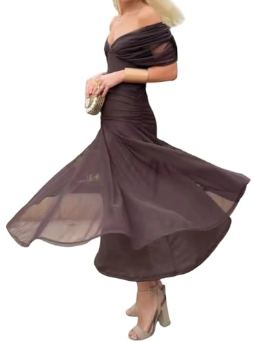 Minetom Robe de Soirée Femme Elegante Col V Manche Courte A Marron XL