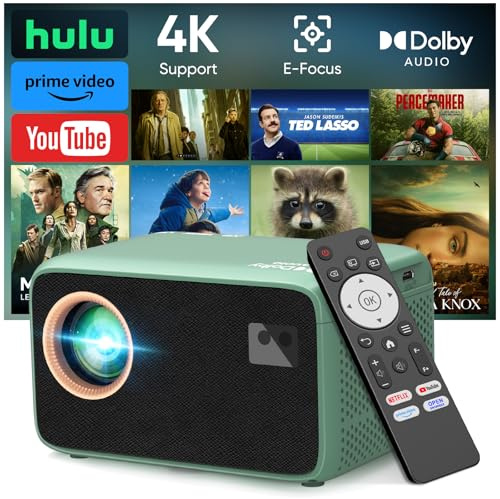 TMY 4K Projector with WiFi Bluetooth, Compatible with Netflix/Prime Video/YouTube, Outdoor Portable Home Theater Movie Projector, Smart Projector for Indoor Outdoor Movies, Gaming and Camping (Green)