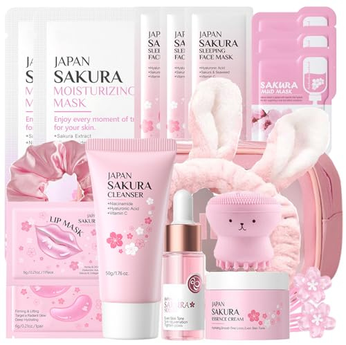 Skin Care for Teenage Girls, Sakura Facial Skin Care Sets & Kits, Complete Gifts for Women with Cleanser, Serum, Sleeping Mask, Mud Mask, Eye Mask, Face Cream, Brush, Headband, Hair Clip&Tie, 19PCS