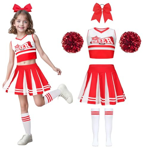 Wuzfully Costume da cheerleader per bambine con pompon e fascia per capelli Uniforme da cheerleader Carnevale Compleanno Halloween Cosplay Feste, 3-15 anni