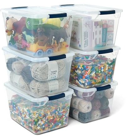 Rubbermaid Cleverstore Clear 30 Qt, 6 Pack Stackable Plastic Storage Containers with Durable Latching Clear Lids, Visible Storage, Great for Closet and Laundry Storage, Organizing in the Home