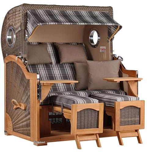 Strandkorb Teakholz Volllieger Strandstuhl Liegestuhl PE Geflecht Grey Düne Grand XL TEAK Dessin 522 Bullauge inkl. 4 Kissen Wechselpolster Strandkörbe aus Teak Garten Wintergarten und Terrassen