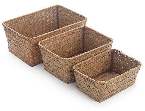 DOKOT Small Woven Wicker Open Storage, Rectangular Handmade Seagrass Baskets for Home, Bathroom Organization（Set of 3）