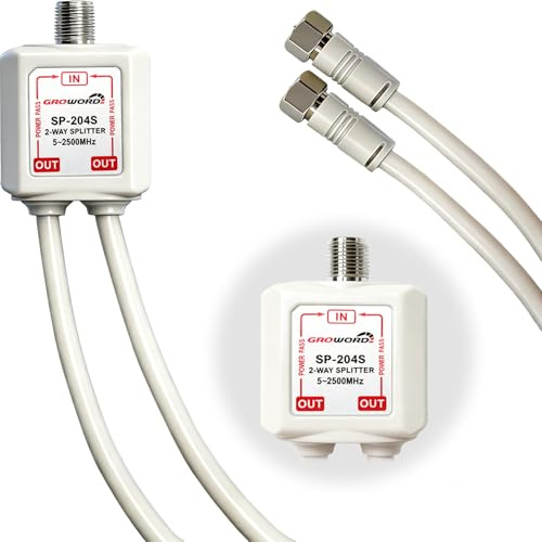 GROWORD Satellite Splitter 5-2500MHz, 2-Way CATV Splitter with RG6 Coaxial Cable and 2 Connectors, for Pass Power to LNB, Improve HD TV Satellite Antenna Signal Quality, Corrosion Resistant