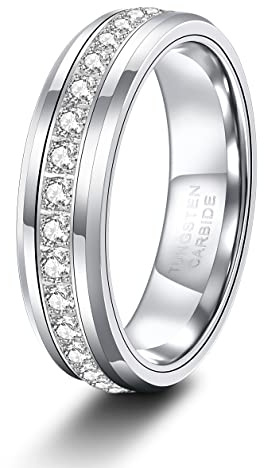TRUMIUM 6mm Mens Wedding Band Tungsten Rings for Women Men with White Cubic Zirconia Eternity Ring CZ Inlaid Silver Plated Wedding Rings Beveled Edges Comfort Fit Size 6