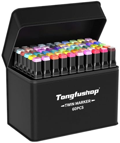 Tongfushop 60+2 Farben Filzstifte, Doppelte Spitze Marker Stifte Set, 2 Sekunde Schnell Trocknende Sketch Permanent Alkoholmarker mit Schwarzer Tragetasche und Abstandshalter für Malerei, Design