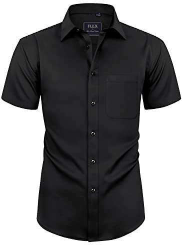 siliteelon Mens Black Shirts Short Sleeve Stretch Dress Regular Fit Casual Business Summer Shirt with Pocket L