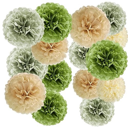 SUNBEAUTY Pompons Deko - 15 Stück Salbeigrün Pompoms Dekoration Beige Brown Grün Seidenpapier Pom Poms für Hochzeitsdeko Tischdekoration Gartenparty Geburtstag Babyparty Deko