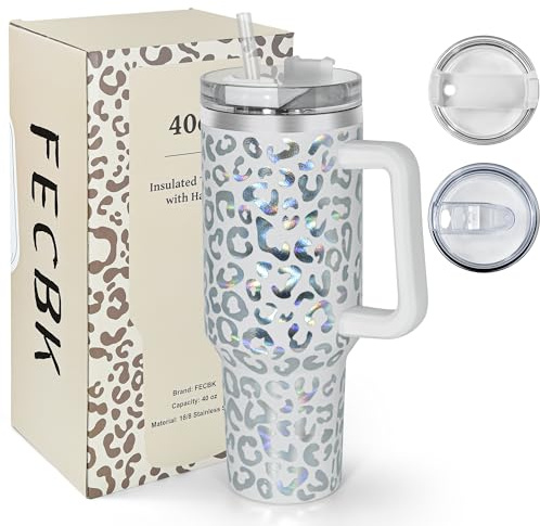 FECBK 40oz Tumbler with Straw and Lid 1.2L, 100% Leak-Proof Travel Mug with Handle, Stainless Steel Vacuum Insulated Water Bottle Coffee Cup Keeps Cold 34H / Hot 12H, White Leopard