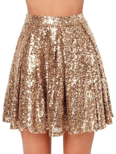 Minigonna sexy da donna, a vita alta, linea a trapezio, svasata, casual, con paillettes, minigonna, balletto, danza, glitter, gonna con paillettes, per donne e ragazze, 41-oro rosa, XL