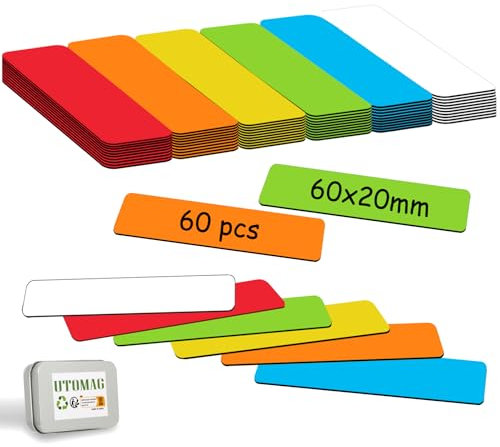 UTOMAG Imanes para Pizarra Magnética - 60x20 mm, 60 Piezas - Etiquetas Magnéticas Escriturables y Borrables de Colores, Adecuadas para Tableros Magnéticos, Neveras y Refrigeradores