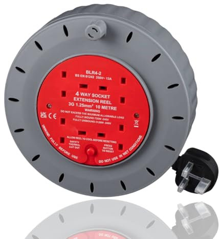 M&H 4 Socket Extension Reel 10m, Outdoor 4 Socket Extension Reel Lead Thermal Out, Heavy Duty Extension Cable and Power Safety Cut Switch, 4 Way Mains Extension Lead for Garden Lawn Mower Office