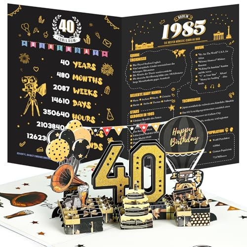 Joyoldelf 40. Födelsedagskort, 1985 årgång födelsedagskort, 3D popup gratulationskort med kuvert, vintage födelsedag presenter för man och kvinna