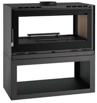 Poele/cheminee double face en acier sur bucher avec turbines, foyer en vermiculite, verre serigraphie - couleur noir - Made in Spain