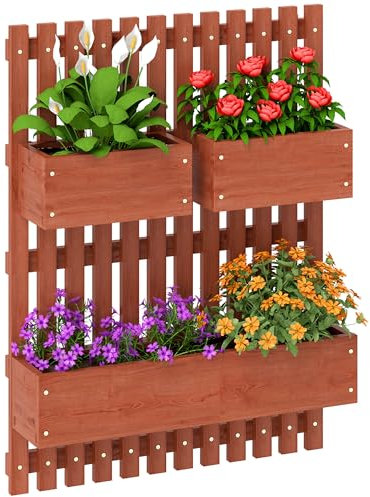 Outsunny Wall-mounted Wooden Garden Planters with Trellis, Drainage Holes and 3 Movable Planter Boxes, Wall Raised Garden Bed for Patio, Brown