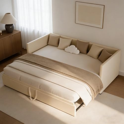 BRILVERDE Polsterbett, Schlafcouch Ausziehbar 90/180 x 200 cm, Schlafsofa mit Lattenrost, Klappsofa mit schlaffunktion, Bettsofa 2 Sitzer mit Schlaffunktion, Samt, Beige (Ohne Matratze)
