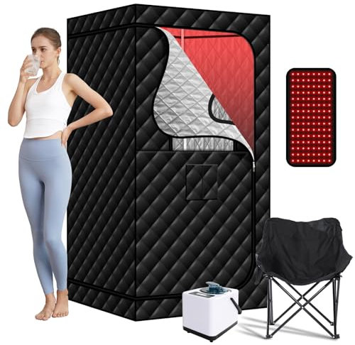 amocane Steam Sauna with Red Light Therapy Lamp, Portable Infrared Saunas Tent with 3L Steamer, Personal Heat Box with Remote Control & Large Folding Chair, Indoor Sauna Spa for Relaxation & Detox