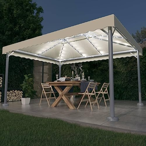 Gazebo da Giardino con Luci Solari, Struttura in Alluminio e Acciaio, Tetto in Tessuto Oxford, Design Elegante, Gazebo Campeggio, Tenda per Feste, per Giardino e Spiaggia, Colore Crema, 400x300x270 cm