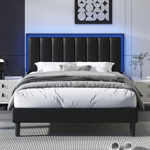 HOMBCK Double Bed Frame with LED Lights, Wooden Platform Upholstered Bed Frame, Easy Assembly, No Box Spring Needed, Black 135x190