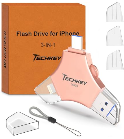 USB 3.0 Flash Drive for iPhone 256GB: MFi Certified 3in1 External Memory Photo Keeper Storage Stick for Picture/Video/Data Saver/Backup High Speed Thumb/Jump/Hard Drive USB Port Cards -Pink