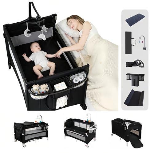 Aveainelle Cuna de Viaje Bebe con Colchon, Cuna Colecho Bebe Plegable y Convertible, Cama de Camping Portatil y Ajustable para Niños Pequeños con Ruedas (6602 Negro sin Mosquitera)
