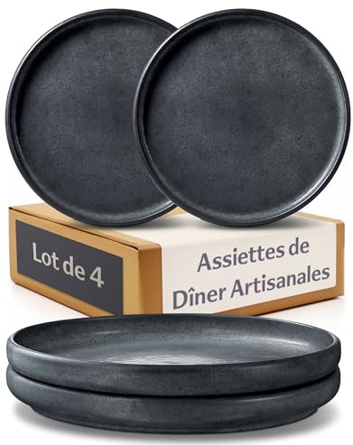 Cosumy Set da 4 Piatti da Cena in Ceramica Nera Ø26 cm – Piatti Artigianali con Smalto Reattivo – Servizio Piatti Elegante, Adatti al Microonde e Lavabili in Lavastoviglie – Set Piatti per 4 Persone