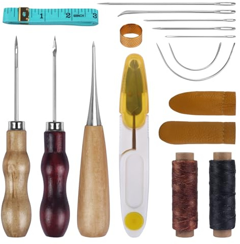 KATIMI Set di riparazione in pelle, set da cucire: 17 utensili in pelle, accessori per il cucito, punteruolo, aghi in pelle, ago curvo a mano, filo da cucito per artigianato in pelle, cucito