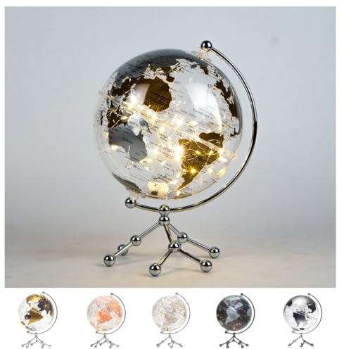 Globo Mappamondo Illuminato LED 20 CM Base in Metallo – Lampada da Tavolo con Mondo Decorativa per Casa, Ufficio, Scuola – Rotazione Manuale 360° – Idea Regalo Educativa Bambini (Argento)