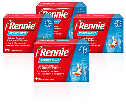 Rennie Antacids, Peppermint Flavour Heartburn Relief and Indigestion Tablets, Fast and Effective Relief for Acid Reflux, 4 Packs of 96 (384 total)