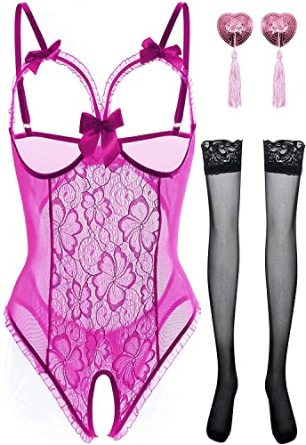 NLAND Conjunto de Lencería para Mujer Ropa Interior Suspender Backless Mesh Body de Encaje Bodysuit con Medias(Rosa Roja,Talla única)