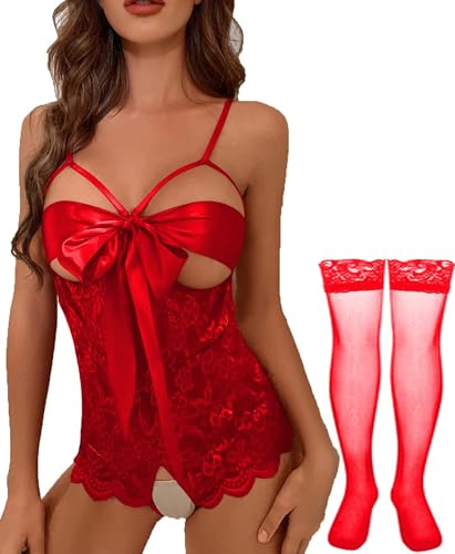 NLAND Ensembles de Lingerie pour Femmes 2 Pieces Babydoll Body en Dentelle Florale sous-Vêtements Nuisettes Vêtement de Nuit avec Bas