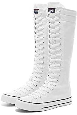 Momuk Women Boots Mid Calf Knee High Tall Zipper High Lace up Stylish Punk Flat Sneaker Boots Shoes for Girls White
